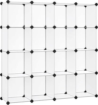 SONGMICS Cube Storage Organizer, Set of 16 Plastic Cubes, Book Shelf, Closet Organizers and Storage, Room Organization, Bedroom Living Room, 12.2 x 48.4 x 48.4 Inches, White ULPC44L