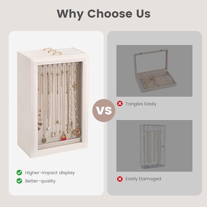 Lolalet Necklace Organizer Box, Jewelry Storage Box with Clear Window for Necklaces Bracelets, Tangle-Free Necklace Display Case for Women Girls, White, 3 Layers 30 Hooks