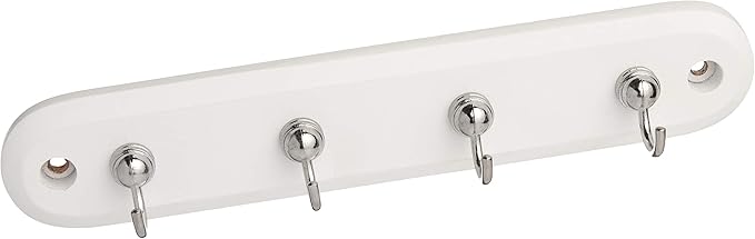 Spectrum Modern Key Holder Wall Mount Rack for Entryway Garage Mudroom Hanging Organization, Easy Install Contemporary Key Ring Holder Rack for Keychains Rings and Fobs, White Wood with Chrome Hooks