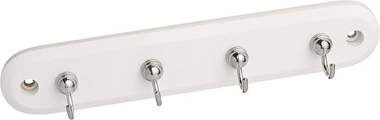Spectrum Modern Key Holder Wall Mount Rack for Entryway Garage Mudroom Hanging Organization, Easy Install Contemporary Key Ring Holder Rack for Keychains Rings and Fobs, White Wood with Chrome Hooks