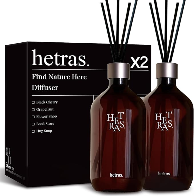 hetras Premium Reed Diffuser Set 16.9 fl.oz. 2 Pack | Book Store - Woody & Herb Scent | Long-Lasting Luxury Fragrance with 10 Reed Sticks for Home & Office | Gifts for Loved One