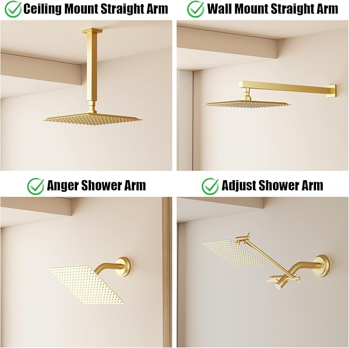 BESy 10 Inch Rain Shower Head, 10" Square Rainfall & High Pressure Stainless Steel Bath Showerhead, 1/16" Ultra Thin, Waterfall Full Body Coverage with Silicone Nozzle, Brushed Gold