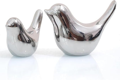 WhimWove 2 Pcs Ceramic Small Bird Figurines Modern Animal Statues for Home 、Room Decor and Bedroom Decor and Bookshelf Display (Silver)