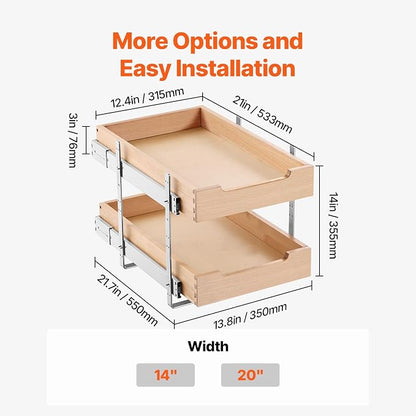 VEVOR 2 Tier Pull Out Cabinet Organizer, 14" W x 21" D Cabinet Drawer, Soft Close Slide out Shelf, Heavy-Duty Sliding Wood Drawer, Adjustable Base Cabinet Organization for Kitchen Pantry Bathroom
