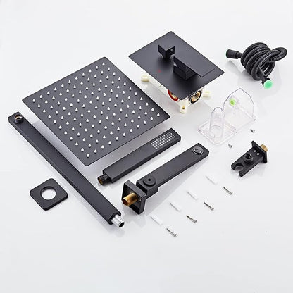 SaniteModar Black Shower Head System 8 Inch Square Rainfall Shower Head with Handheld Shower Vaval and Trim Kit Wall Mounted Shower Faucet Set, Matte Black Shower Head