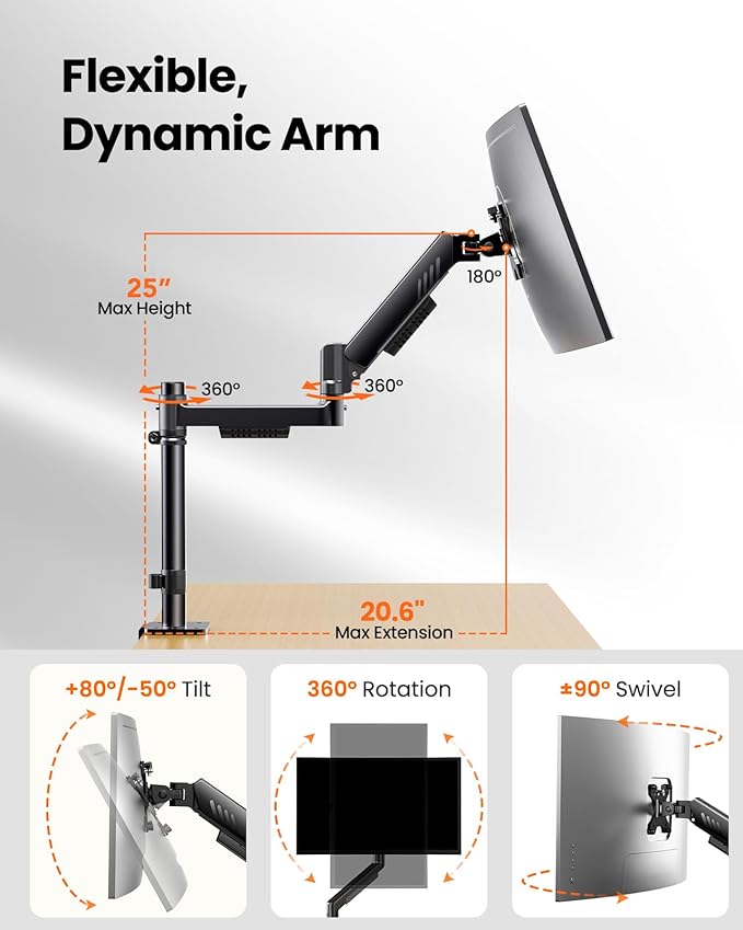 ErGear Dual Monitor Stand, Stacked Monitor Mount for 13-33″ Screens, Up to 19.8 lbs/Arm, Enhanced Stability with Integrated C-Clamp, Upgraded Cable Management, VESA 75x75/100x100mm, Home Office Gaming