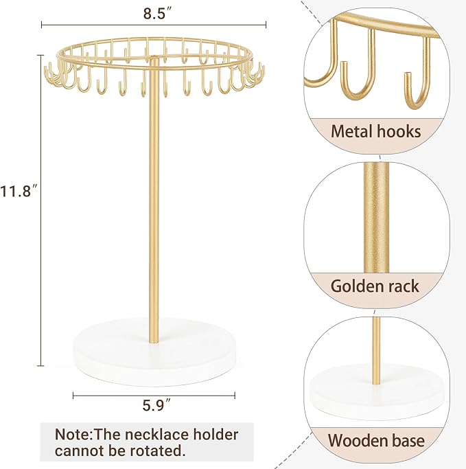 Mkono Necklace Holder Metal Jewelry Display Stand Necklace Organizer with 30 Hooks for Storage and Hanging Bracelet Keychain Home Room Decor for Women,Gold