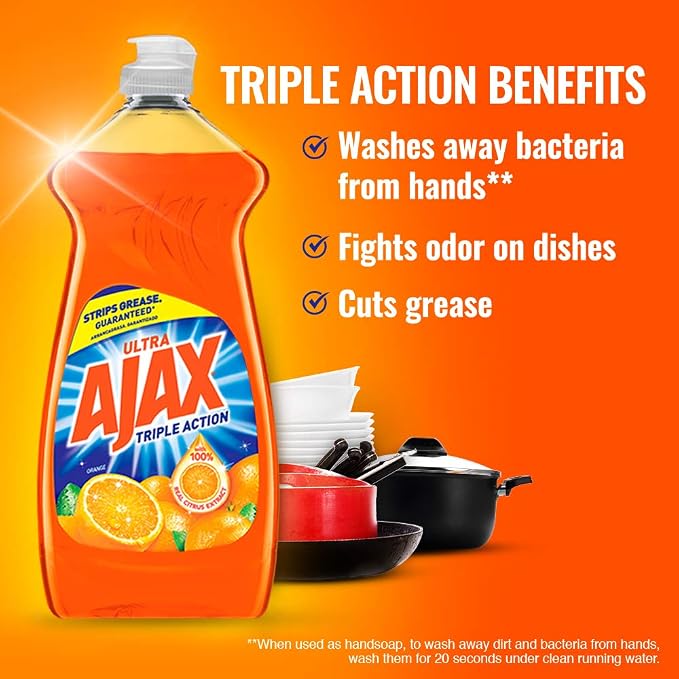 Ajax Ultra Liquid Dish Soap Orange Scent,Triple Action, Mess-Free, Easy-Flip Cap, 52 fl oz Bottle (Pack of 4)