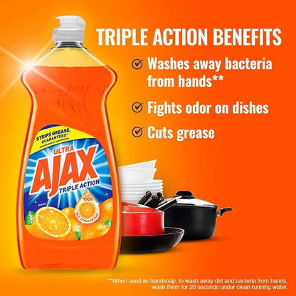 Ajax Ultra Liquid Dish Soap Orange Scent,Triple Action, Mess-Free, Easy-Flip Cap, 52 fl oz Bottle (Pack of 4)