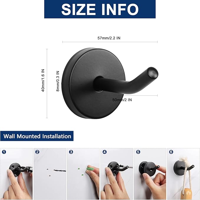 NearMoon Coat Hooks, Wall Mount Hooks for Hanging Hat Hurse Robe, 304 Stainless Steel Heavy Duty Towel Hangers for Bathroom Livingroom Hotel Kitchen Garage, 6 Pack (2 Inch, Matte Black)