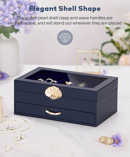 Jewelry Box with 1 Drawers: Display Organizer for Earrings Necklaces - Gifts for Girls Women (Dark Blue)