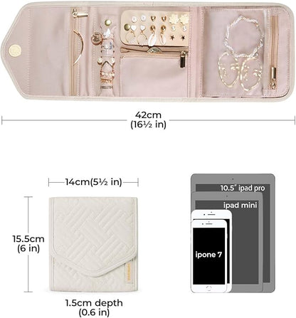 BAGSMART Travel Jewelry Organizer Case Foldable Jewelry Roll for Journey Rings, Necklaces, Earrings, Bracelets,Mini,Beige