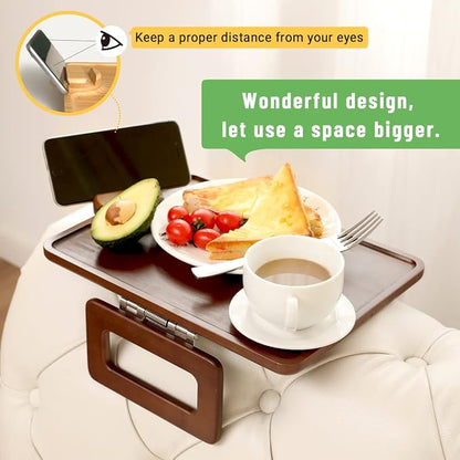 Smatdecis Couch Arm Tray Table Sofa Arm Clip, Armrest Tray Table Suitable for Home Drinks/Fast Food/Fruit Etc, Large Size Multi-Function Brown(360° Rotating Stand A)
