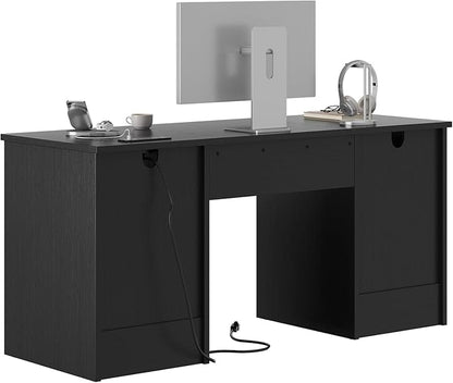 Bestier 59” Computer Desk with 4 Drawers, Office Desk with Storage, Modern Executive Desk with Charging Station, Keyboard Tray & Wooden Pedestals on Both Sides for Home Office & Studio, Black