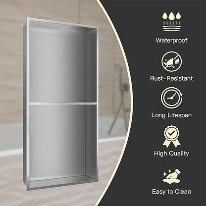 Niche for Shower Wall 12" X 24" Double Shelves, Niche Recessed Shower Shelf for Bathroom Storage, No Tile Needed Over Mount Installation, Brushed Nickel