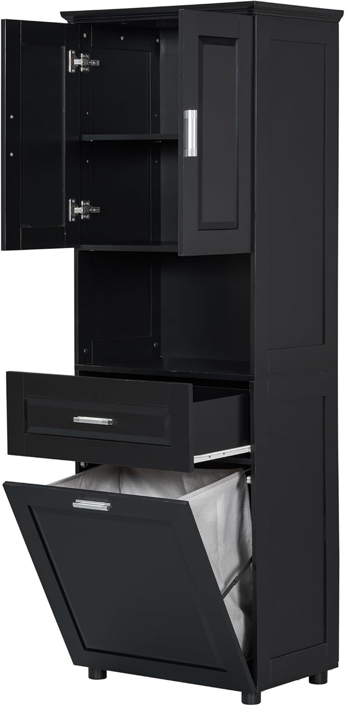 70" Tall Bathroom Storage Cabinet with Two Doors and Drawer, Open Space and Laundry Hampers for Home Display Organizer, Removable Laundry Basket, Adjustable Shelf, Black