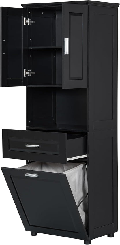 70" Tall Bathroom Storage Cabinet with Two Doors and Drawer, Open Space and Laundry Hampers for Home Display Organizer, Removable Laundry Basket, Adjustable Shelf, Black