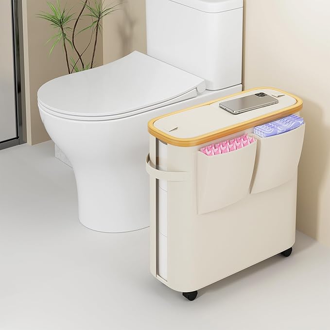 VITVITI Toilet Paper Storage Basket with Lid, Bathroom Toilet Paper Holder Organizer for 9-12 Rolls Large Capacity, Foldable Fabric Bamboo Toilet Paper Container with Pockets, Medium (Beige)