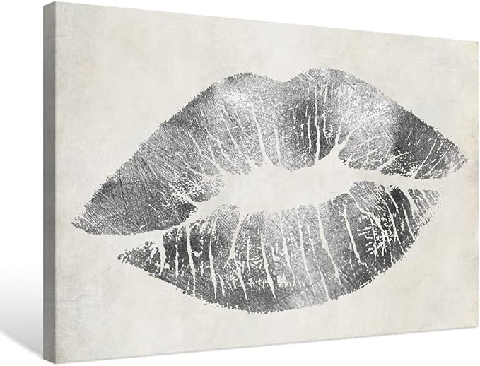 Silver Wall Decor Glam Lip Canvas Wall Art Gray and White Sexy Woman Lip Picture Painting Gallery Wrapped for Bedroom Makeup Room Decoration 16x12Inch