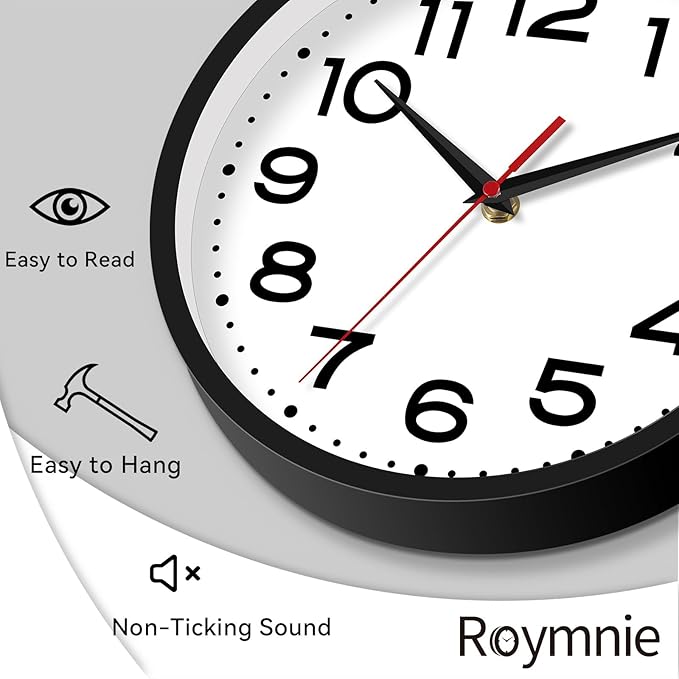 Roymnie Wall Clock 18 Inch Silent Non-Ticking Modern Clock Battery Operated Classic Simple Minimalist Analog Decorative for Kitchen, Living Room,Office, Bedroom, Bathroom (Black)