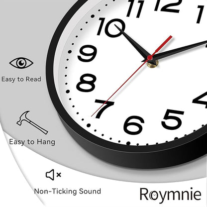 Roymnie Wall Clock 18 Inch Silent Non-Ticking Modern Clock Battery Operated Classic Simple Minimalist Analog Decorative for Kitchen, Living Room,Office, Bedroom, Bathroom (Black)