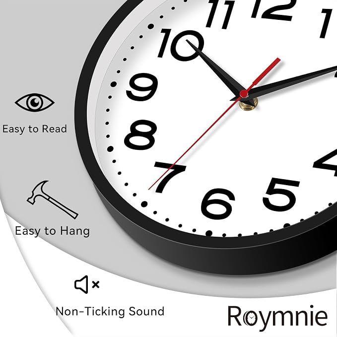 Roymnie Wall Clock Silent Non-Ticking Modern Clock Battery Operated 18 Inch Large Classic Analog Decorative for Classroom, Living Room, Office, Bedroom, School, Hotel (Black)