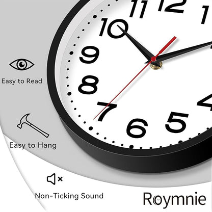 Roymnie Wall Clock Silent Non-Ticking Modern Clock Battery Operated 18 Inch Large Classic Analog Decorative for Classroom, Living Room, Office, Bedroom, School, Hotel (Black)
