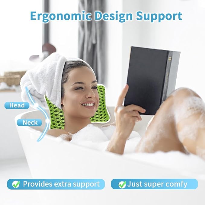 Luxury Bath Pillows for Tub, Slip Resistant Waterproof Bath Pillows for Tub Neck and Back Support with 2 Strong Suction Cups, Relaxing Spa Essentials (Green)