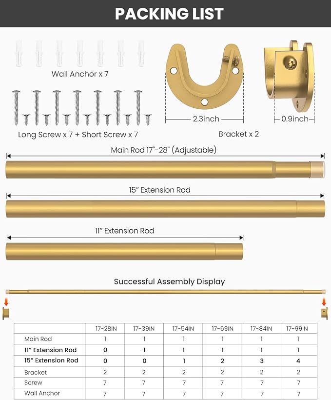 Supforce 5 Pack Closet Rods for Hanging Clothes, 17 to 28 Inches Stepless Adjustable Metal Closet Rod, 1.3 Inches Heavy Duty Clothes Hanging Rod for Closet Wardrobes Laundry RV, Golden