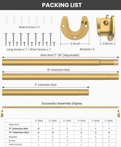 Supforce 2 Pack Closet Rods for Hanging Clothes, 17 to 28 Inches Stepless Adjustable Metal Closet Rod, 1.3 Inches Heavy Duty Clothes Hanging Rod for Closet Wardrobes Laundry RV, Golden