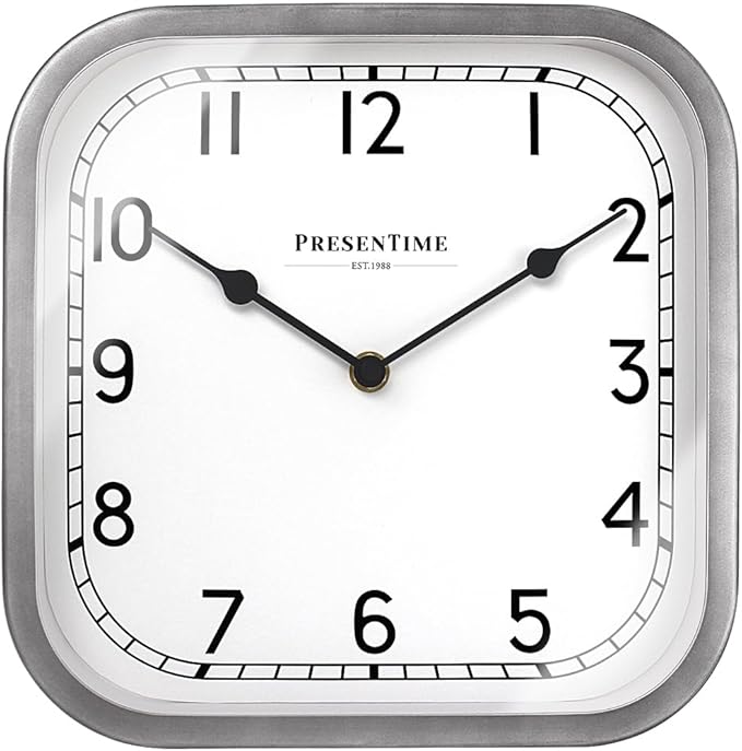 Presentime & Co 10" Anton Vintage Square Clock, Silent No Ticking, Wall & Mantel 2 in 1, Desk and Shelf Clock, Tabletop Décor, Modern Silver Color