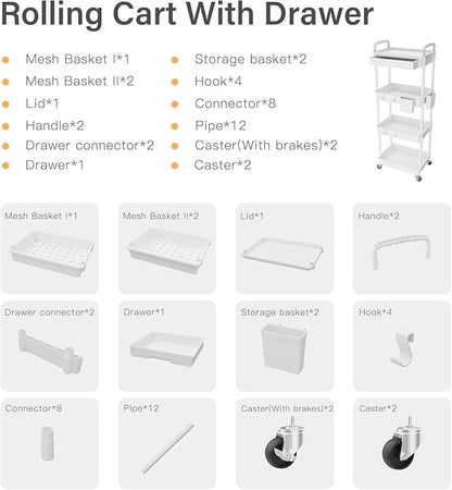 Sorgion 4 Tier Rolling Cart Organizer,Art Craft Diaper Bedside Snack Laundry Room Bathroom Organizer Narrow Thin Slim Rolling Trolley Utility Cart with Wheels for Kitchen,Office(White)