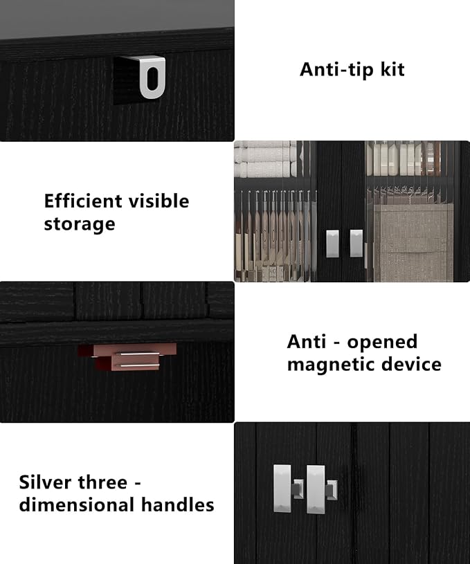 Akxomel 53.1" H Tall Bathroom Storage Cabinet, Bathroom Floor Cabinet with 6 Doors and Adjustable Shlef, Linen Cabinet, Pantry Cabinet for Living Room, Kitchen, Entryway, Black