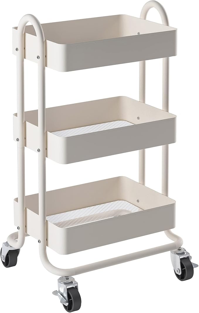 Metal Rolling Cart,3-Tier Metal Rolling Cart with Wheels,3 Tier Utility Cart with Wheels for Office,Home,Kitchen,Garden（13.4"x18.1"x31"） White