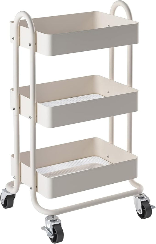 Metal Rolling Cart,3-Tier Metal Rolling Cart with Wheels,3 Tier Utility Cart with Wheels for Office,Home,Kitchen,Garden（13.4"x18.1"x31"） White