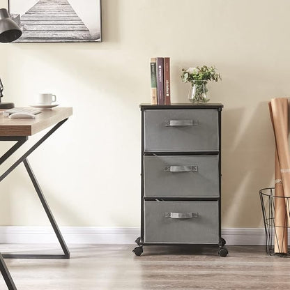 MAX Houser Dresser Tower with 3 Drawers for Bedroom, Fabric Storage Organizer Unit, Chest of Drawers with with WoodTop, Small Vertical Storage for Guest Room, Closet, Entryway(Grey)