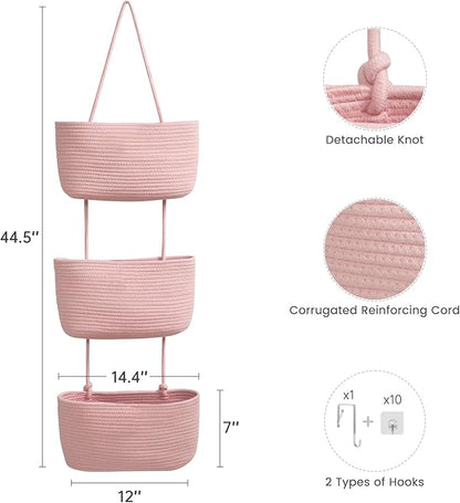 TeoKJ Over the Door Hanging Basket, 3-Tier Woven Cotton Wall-Mounted Storage Organizer Bag Decorative Hanging Nursery Baskets, Pink