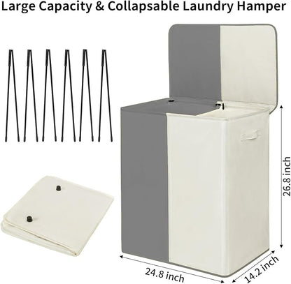 WOWLIVE Double Laundry Baseket with Lid and Removable Laundry Bags,154L Large Laundry Hamper 2 Section Collapsible Dirty Clothes Hamper for Laundry Room,College Dorm,Bathroom,Grey and Beige