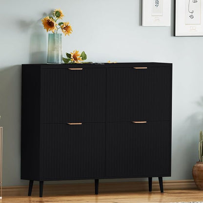 Shoe Cabinet Storage,Modern Freestanding Organizer with 4 Flip Drawers,Narrow Shoe Rack Cabinet for Entryway,Black