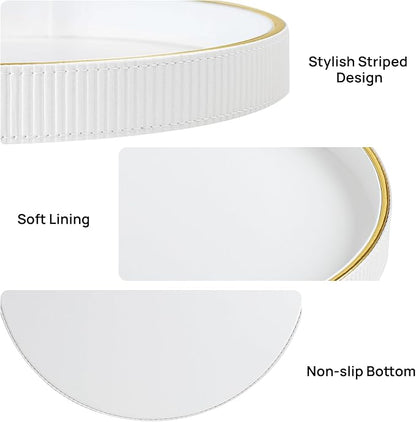 Round Decorative Tray for Coffee Table Decor, PU Leather Coffee Table Tray Golden Trim for Home Decor Living Room Dining Table, Perfume Trays Nightstand Organizer (White)