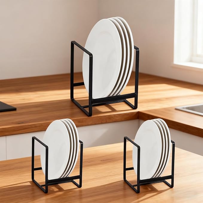 3Pcs Plate Holder Organizer - 2 Sizes Metal Upright Dish Rack for Kitchen Countertop/Cupboard | Portable Storage for Plates, Pots, Pans, Lids | Black Rustproof Counter Dish Organizer