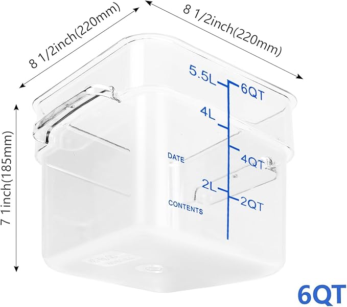 4 Pack Food Storage Containers with Blue Lids, 6.0 Qt - Square, Clear, Polycarbonate, for Restaurant Commercial Kitchen and Home party