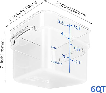4 Pack Food Storage Containers with Blue Lids, 6.0 Qt - Square, Clear, Polycarbonate, for Restaurant Commercial Kitchen and Home party