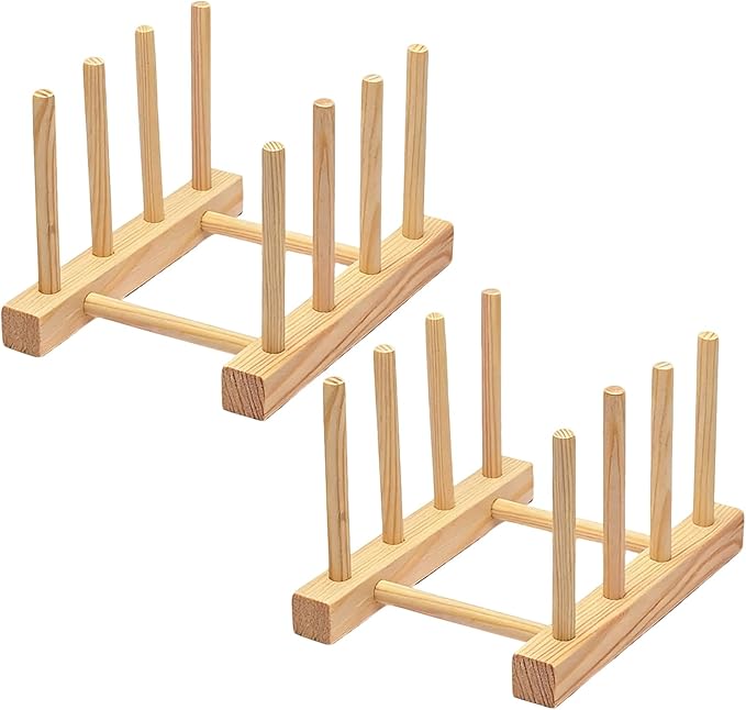 2 Pack Bamboo Dish Rack for Kitchen Cabinet and Countertop, Plate Organizer for Cabinet, Bowls, Cups, Utensils, Pot Lids and Bottles, Cutting Board Holder Stand and Storage.