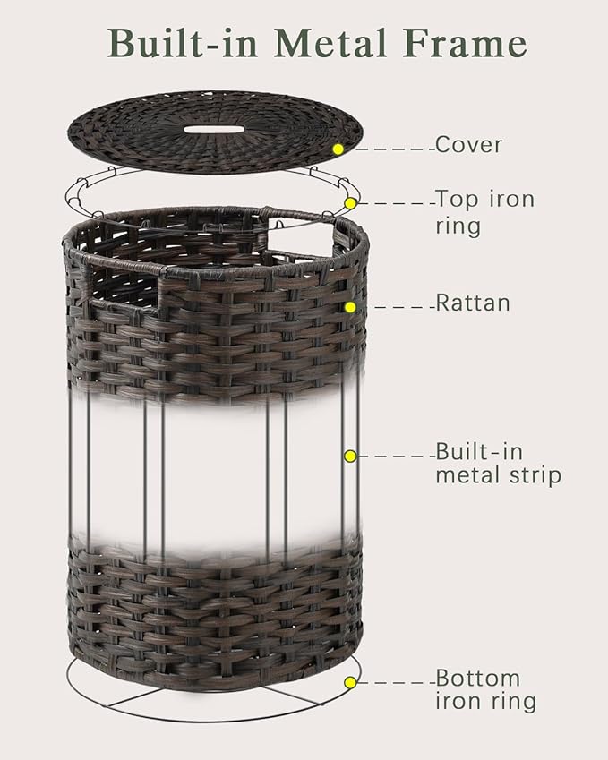 SETVSON Laundry Basket with Lid Round Rattan Laundry Hamper with Lid and Handles 29.1 Gal (110 L) Handwoven Woven Basket with Removable Bags and 2 Mesh Bags for Bathroom Living Room Brown
