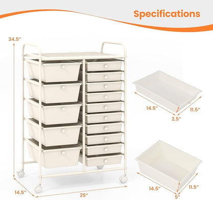 Giantex 15 Drawers Rolling Cart, Classroom Organizers, Storage Cart with Wheels, for Teacher Office Home School Supplies Tool Craft Art Paper