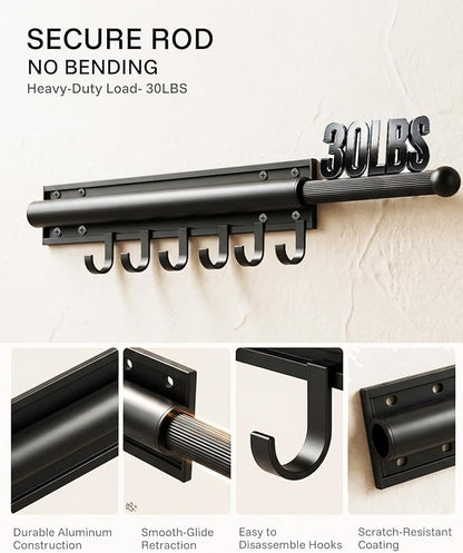16 inch Valet Rod for Deeper Closet Pull Out, Closet Valet Rod Slide Out Pull Out Clothes Hanger With 6 Hooks Closet Organization and Storage (Black)
