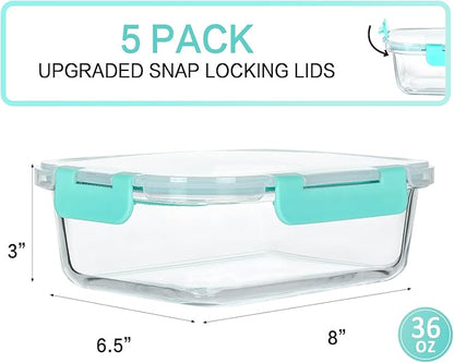 [5-Packs, 36 Oz.] Glass Meal Prep Containers with Locking Lids Glass Food Containers,Airtight Lunch Container,Microwave, Oven, Freezer and Dishwasher (4.5 Cup, Green)