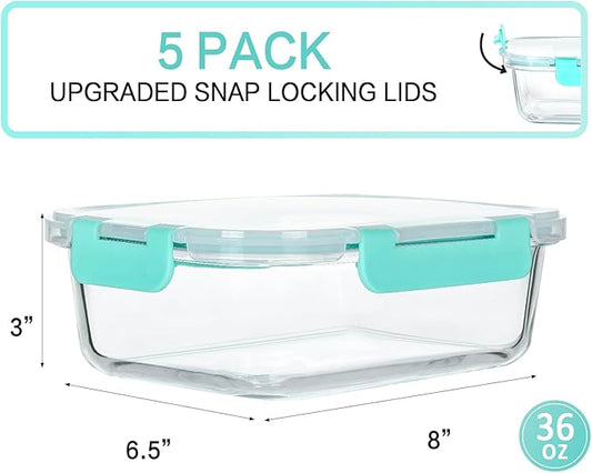 [5-Packs, 36 Oz.] Glass Meal Prep Containers with Locking Lids Glass Food Containers,Airtight Lunch Container,Microwave, Oven, Freezer and Dishwasher (4.5 Cup, Green)