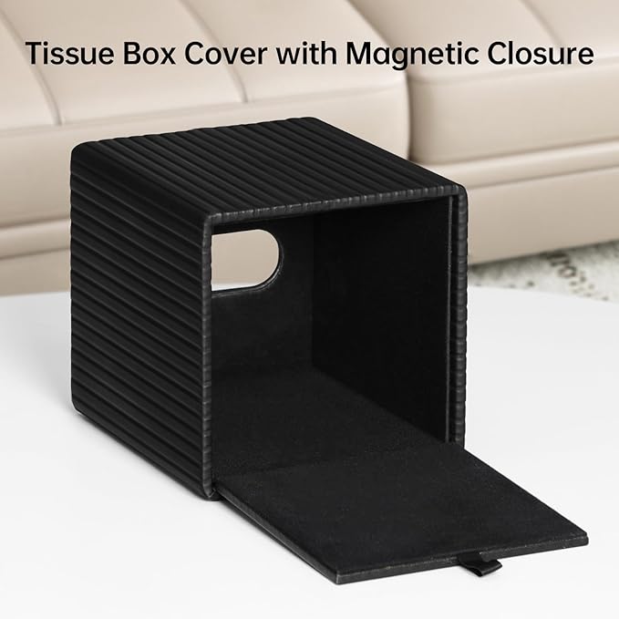 MEIBOOCH PU Leather Tissue Box Cover Square Tissue Box Holder with Magnetic Closure (Black Stripe)